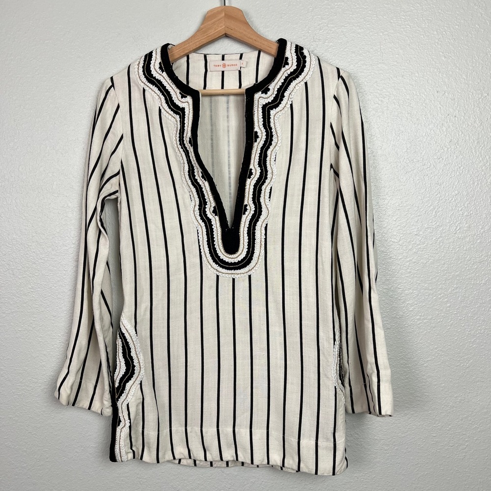 Tory Burch Filipa Slub Stripe Tunic Womens Size 0 Embroidered Black Ivory Gold